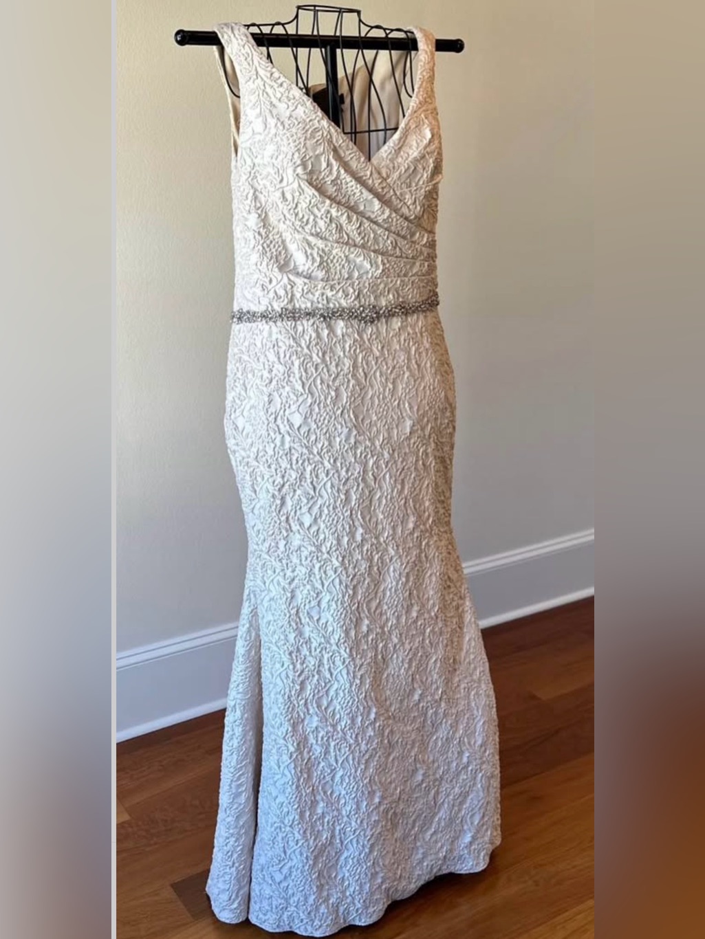 Terani Couture Ivory Textured V-Neck Evening Gown With Beaded Waist
